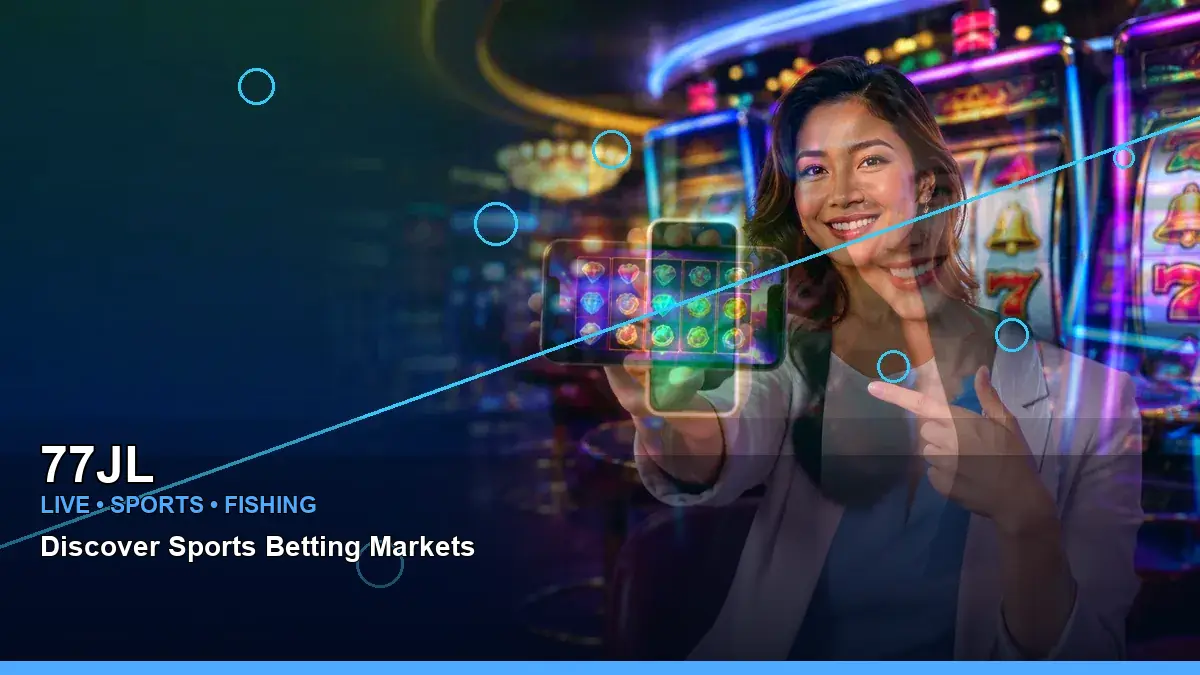 77JL paired online slot games shown with an adult Filipina casino host in a wide action-focused composition