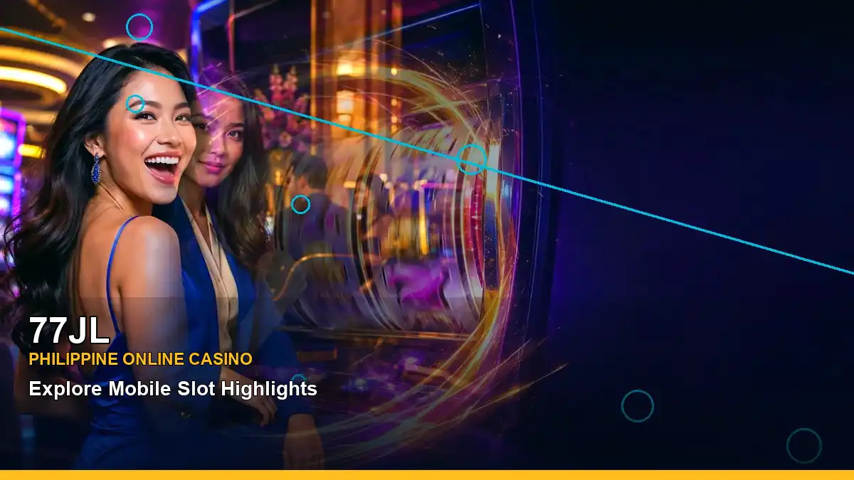 77JL mobile casino first-deposit rewards guide with an adult Filipina casino host in a mobile-focused scene